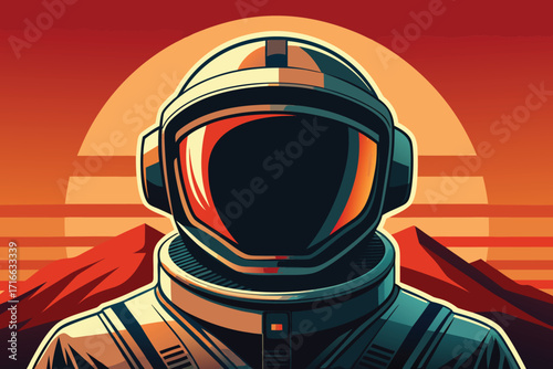 Vector art of an astronaut in a space suit with a helmet against a backdrop of mountains and a sunset sky