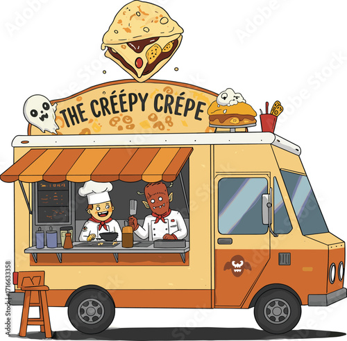 Cartoon Halloween food truck, creepy crepe illustration, funny monster chefs cooking, spooky street food design, horror bakery vehicle, ghost snack truck, festive Halloween artwork