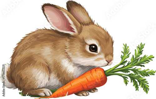 Realistic rabbit holding carrot, brown bunny, white fur accents, side profile, nature animal, cute illustration