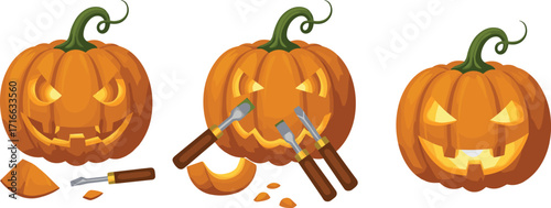 Halloween pumpkin carving process, jack o lantern illustration, spooky pumpkin faces, holiday decoration design, scary carved pumpkins, festive Halloween artwork, autumn harvest pumpkin art