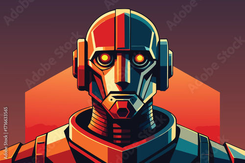 Vector art of a striking portrait of a futuristic robot with glowing eyes and intricate metallic details in red and blue