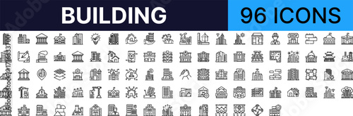 Building set of web icons in line style. building linear icon collection. containing skyscraper, factory, bank, shop, house and more. vector icons