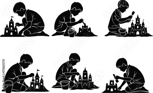 Child building sandcastle, kids playing beach, summer fun activity, childhood creativity, seaside vacation, playful silhouette, outdoor leisure, family holiday, imagination, joy