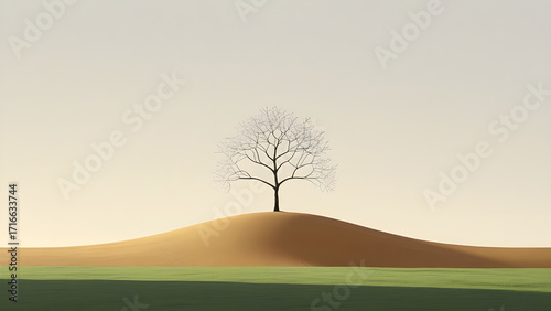 Solitary bare tree stands atop a gentle rolling hill against a soft muted sky with a hint of green grass in the foreground