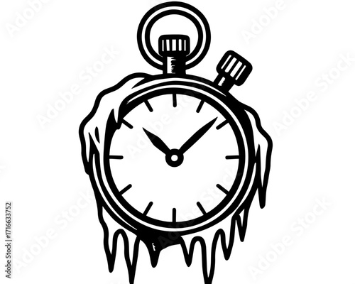 Frozen Stopwatch Line Art – Icy Timepiece with Hanging Icicles