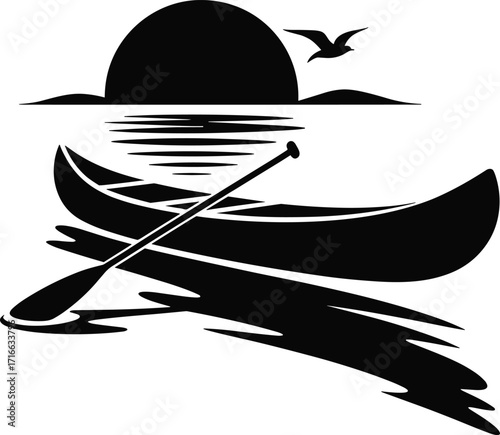 a canoe in water, black and white vector silhouette illustration for outdoor adventure, canoeing sport, and summer recreation concepts
