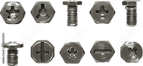 Vector illustration set of ten different screw head types with slot, cross, hex, square, star, flat, hardware fastener icons