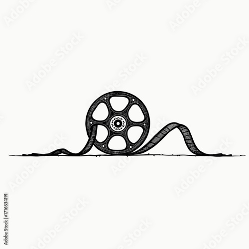 Film reel with tangled tape on white background  
