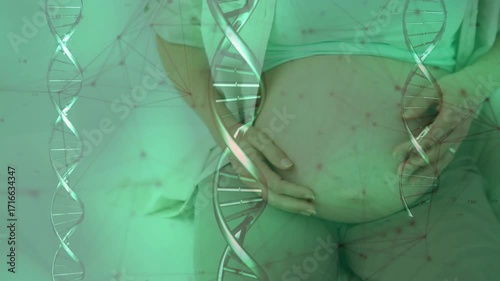 Pregnant belly with sliding hands holding bump and activating DNA health overlay for prenatal care