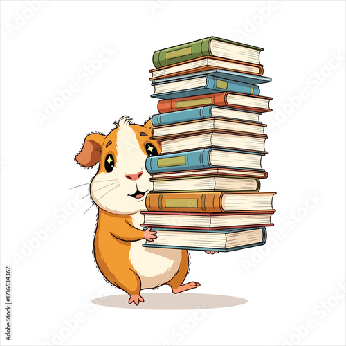 Cute guinea pig cartoon carrying a stack of books vector illustration