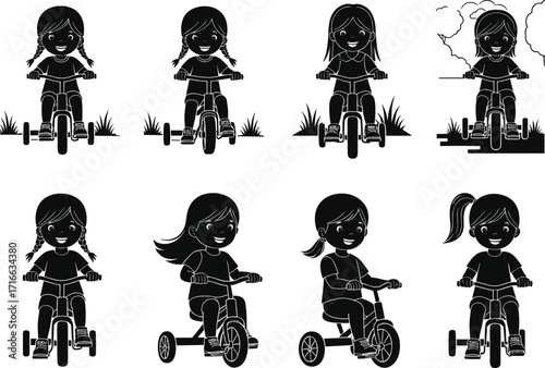 Child riding tricycle, kids silhouette, playful childhood activity, outdoor fun, cycling motion, happy children, recreation design, sport exercise, lifestyle vector, illustration