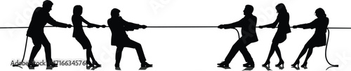 Business team tug-of-war silhouette vector, symbol of competition, teamwork, conflict, leadership, strategy, power struggle, corporate challenge, black illustration