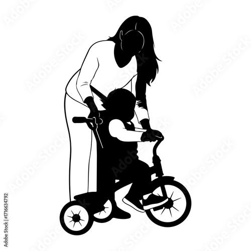 Woman teaching child to ride tricycle silhouette learning