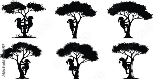 Children climbing trees, outdoor play silhouettes, kids adventure activity, playful childhood moments, nature exploration, tree climbing fun, active lifestyle, outdoor recreation illustration