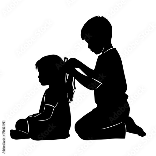 Boy braiding girls hair silhouette children