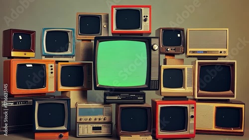 vintage televisions, repeating pattern of many retro TVs with green screen chroma key