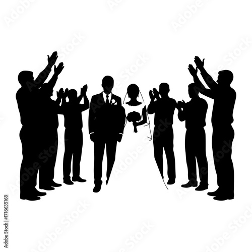 Bride groom guests cheering celebration wedding couple