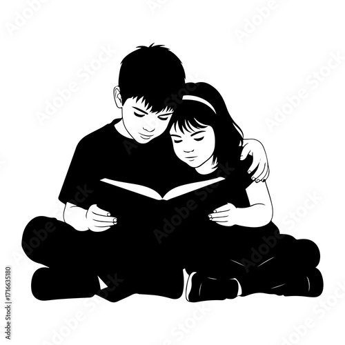 Brother and sister reading book together children siblings