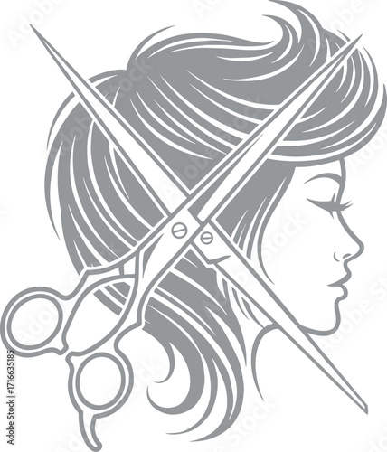 Hair salon vector illustration with woman profile, flowing hairstyle, diagonal scissors, beauty concept, elegant design, haircut symbol, fashion branding art