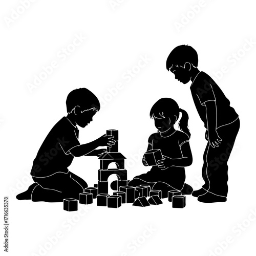 Children building tower with blocks kids playing