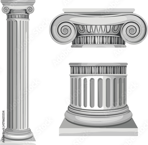Ionic column vector illustration with detailed volutes, fluted shaft, classical architecture elements, ancient Greek design, base and capital close-up