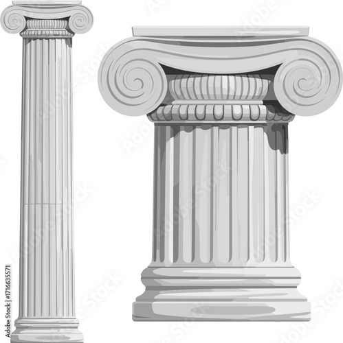 Classical Doric and Ionic column vector illustration with fluted shafts, architectural design elements, ancient Greek style, historical structure details