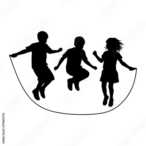 Children jumping rope black silhouette kids skipping