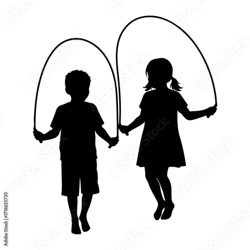 Children jumping rope black silhouette white
