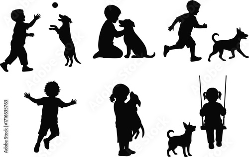 Children playing with dogs, kids hugging pets, joyful childhood moments, puppy love, outdoor fun, family bond, animal friendship, happy lifestyle, innocence, affection