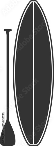 Black silhouette of a stand up paddle board with a paddle vector illustration design for water sport, summer fun, and beach activity concepts.
