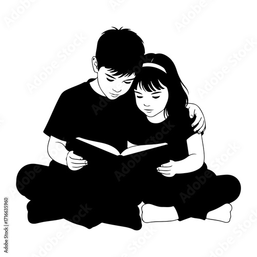 Children reading together black and white book siblings