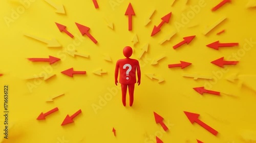 A red figure stands in a sea of yellow arrows pointing in various directions, symbolizing choices