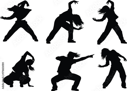 Dance silhouettes, hip hop dancer, street dance poses, modern choreography, expressive movement, freestyle motion, urban style, energetic performance, contemporary dance, illustration