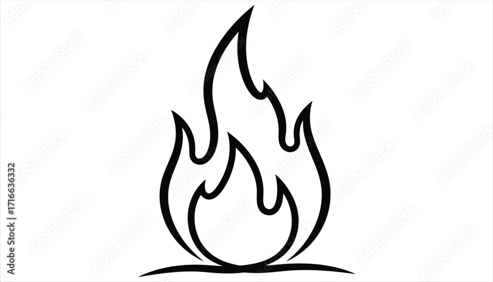 Vector art of a simple black and white line drawing of a stylized flame, the flame has a classic shape with a pointed top and a rounded base, and it is drawn with clean lines