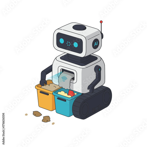 A cartoon robot with treads sorting waste into yellow and blue bins, featuring an AI logo.