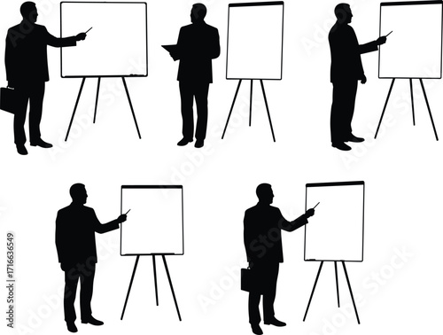 Business presentation silhouettes, professional people with flip charts, office training session, corporate teamwork, leadership communication, workplace education, strategy planning, meeting concept