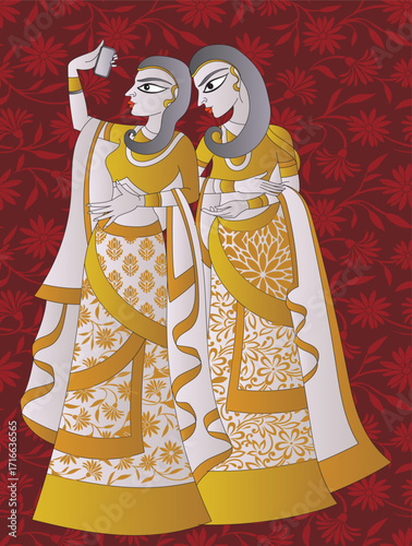 Lord's Gopika, Sevika, or lady servants have drawn in Indian folk art, Kalamkari, Madhubai style. for textile printing, logo, wallpaper