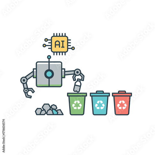 A robot with AI technology sorts plastic waste into different recycling bins.