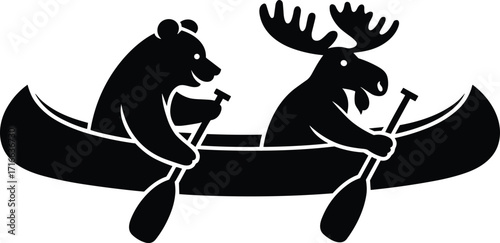Fun illustration of a bear and moose paddling a canoe, black and white vector art for wildlife, outdoor adventure, and summer camp concepts