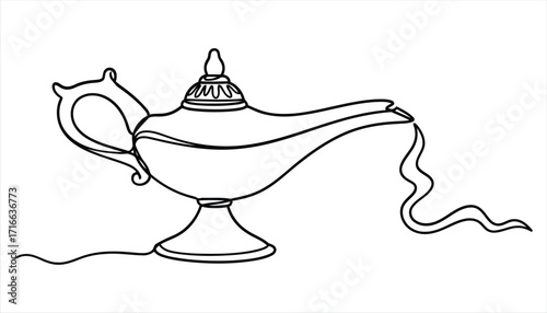 Vector art of a vintage genie lamp, intricately drawn with a curved handle and spout, exuding an air of mystery and magic, reminiscent of arabian nights