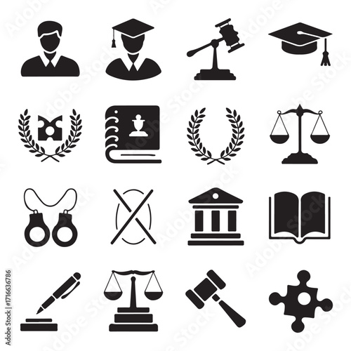 Law, Education and Justice Silhouette Vector Set, Graduation Cap, Court, Scales, Gavel, Diploma and Law Symbols