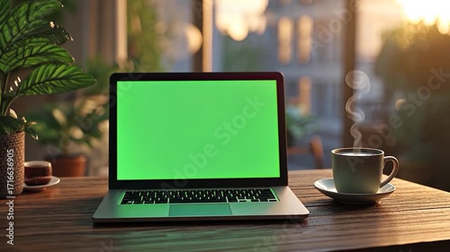Laptop with green screen and coffee cup. Static footage with trees swaying or moving in the wind. Home interior or loft office background