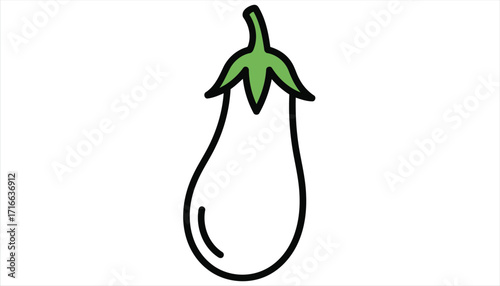 Illustration of an eggplant with a green stem, the eggplant is drawn in a simple, cartoon style with a black outline, making it suitable for various creative projects