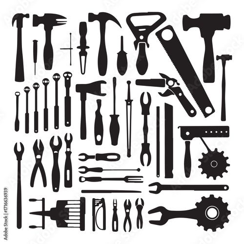 Silhouette Vector of Hand Tools Set, Hammer, Wrench, Screwdriver, Saw, Drill, Spanner for Construction and Repair