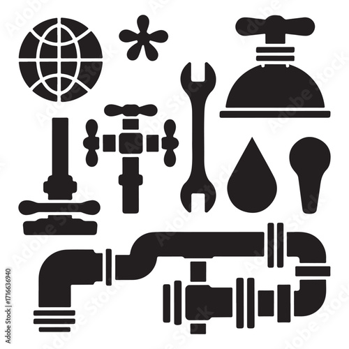 Plumbing Tools and Equipment Silhouette Vector, Pipe, Faucet, Drop, Wrench, Valve and Fittings Icon Set