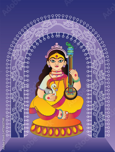 Saraswati Maa with veena and swan illustration on a white background