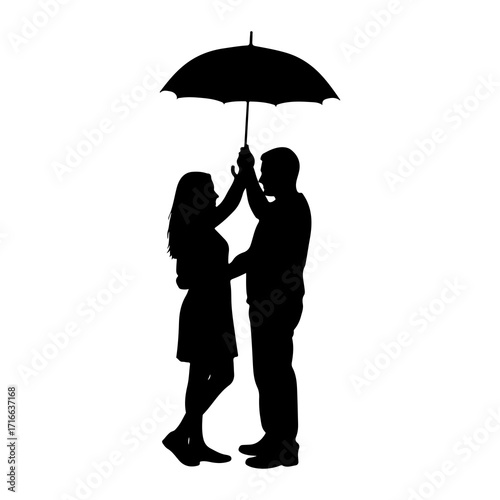 Couple sharing umbrella silhouette black white