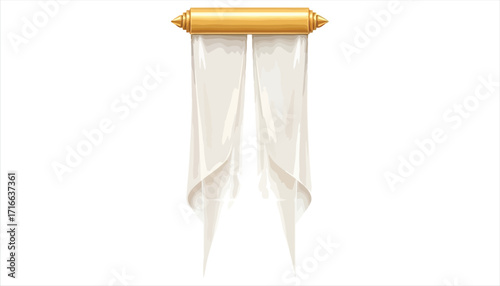 Illustration of a golden banner with white cloth, the banner features intricate gold detailing and flowing white fabric, creating an elegant and decorative element