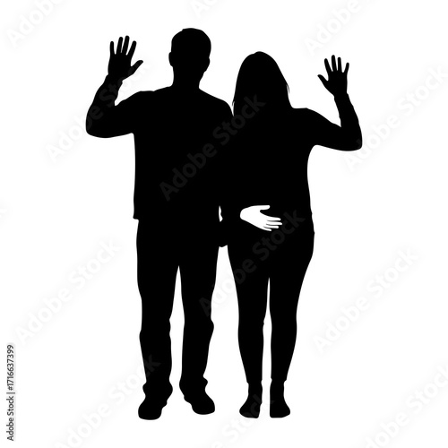 Couple waving hands silhouette raised