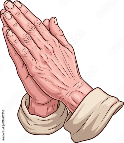 Black and white vector illustration of praying hands in religious gesture, symbol of faith, devotion, spirituality, worship and humility